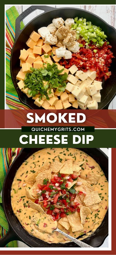 Two graphics depicting smoked cheese dip in a cast iron skillet. Smoked Cheese Dip, Smoked Queso, Grits Recipes, Different Types Of Cheese, Chipotle Seasoning, Queso Dip Recipes, Smoked Recipes, Queso Recipe, Grits Recipe