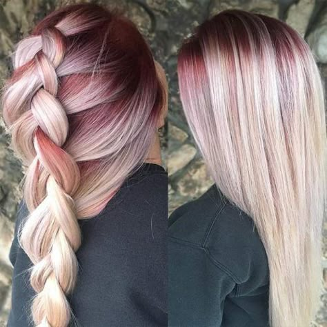 Sultry Shades of Burgundy Hair ★ See more: https://lovehairstyles.com/burgundy-hair-shades/ Hair Colors That Look Good With Blue Eyes, Peekaboo Hair Color Blonde, Blonde Hair With Pop Of Color, Burgundy And Blonde Hair, Blonde Hair 2022, Red Roots Blonde Hair, Hair Color Spring, Blonde Hair With Roots, Hair 2022