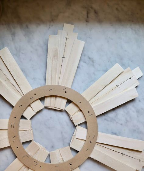 DIY wood shim sunburst wreath - My Sweet Savannah Diy Sunburst Wall Decor, Shims Projects Ideas, Wood Shim Art, Christmas Mirror Decorations Ideas, Wood Shim Wall Art, Christmas Mirror Decorations, Shim Art, Spring Egg Wreath, Sunburst Wall Decor