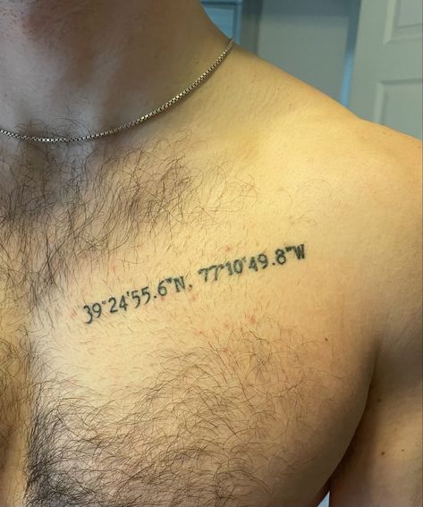 Grid coordinate tattoo ideas. Type writer font. Gps Coordinates Tattoo Ideas, Coordinates Tattoo Men, Men Collarbone, Coordinates Tattoo Ideas, Gps Coordinates Tattoo, Coordinate Tattoo Ideas, Coordinates Tattoo, Tattoo Chest, Gps Coordinates