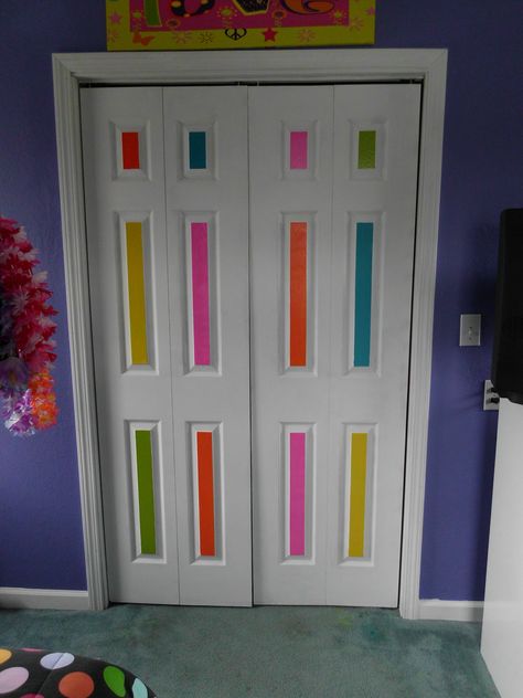 Mirror Closet Doors Kids Room, Closet Door Painting Ideas Aesthetic, Painted Closet Doors Art Creative, Rainbow Closet Door, Painted Doors Interior Creative Fun, Attic Wardrobe, Painted Closet, Colorful Kids Room, Girls Playroom