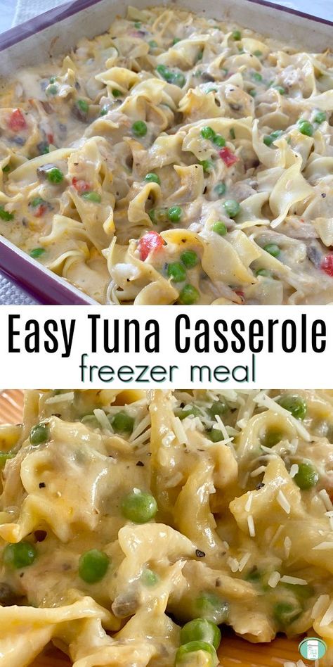 Easy Tuna Casserole freezer meal - for a fast family dinner. #freezermeals101 #tunacasserole #dinner #recipes Pasta Casserole Freezer Meal, Freezer Tuna Casserole, Freezer Tuna Noodle Casserole, Casserole Recipes Tuna, Tuna Noodle Casserole Freezer Meal, Fast Casserole Recipes, Fish Freezer Meals, Tuna Casserole Recipes Easy, Foodsaver Recipes