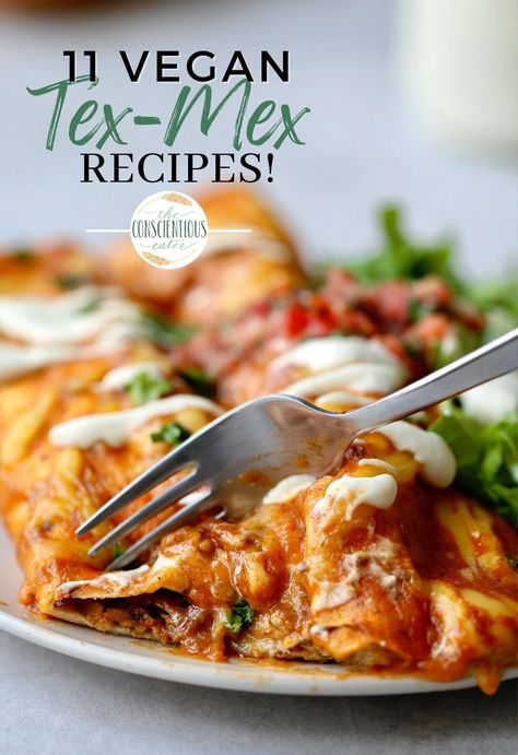 On the look-out for some vegan Tex-Mex dishes? Here you'll find 11 vegan Tex-Mex recipes that are all easy to make and delicious, including appetizers, sauces, bowls, dips, enchiladas and more! Save this pin to start planning your next Tex-Mex feast! Quick Vegan Dinner Recipes, Healthy Nachos, Delicious Tacos, Easy Vegan Lunch, Vegan Burrito, Healthy Vegan Breakfast, Easy Guacamole, Vegan Main Dishes, Tex Mex Recipes