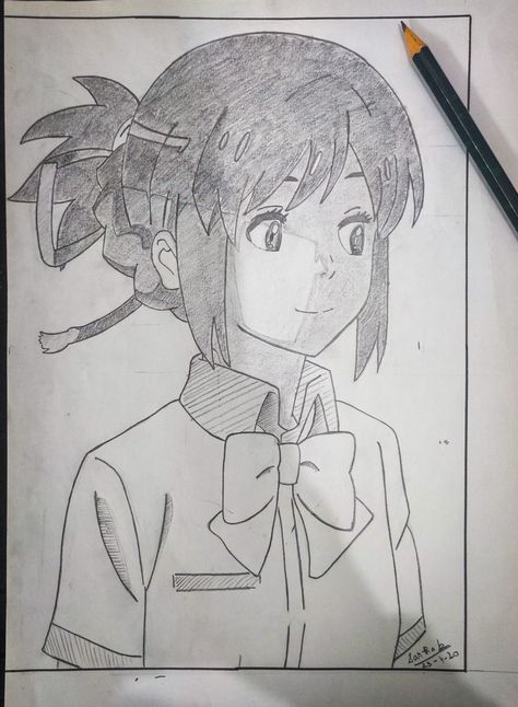 Anime:- Kimi no na wa [ Your Name]  Character:- Mitsuha miyamizu Mitsuha Miyamizu Sketch, Mitsuha And Taki Drawing, Your Name Taki Sketch, Your Name Pencil Sketch, Kimi No Na Wa Drawing, Your Name Anime Drawing Pencil, Mitsuha Sketch, Your Name Drawing Sketch, Your Name Anime Sketch