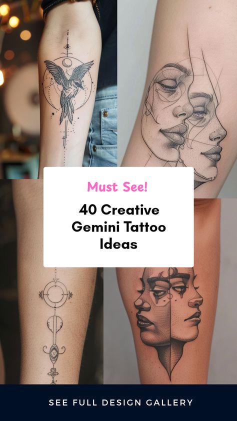 A collection of 4 diverse Gemini tattoo designs highlighting the Gemini symbol and a bird tattoo concept. Perfect for astrological enthusiasts looking for stunning inspiration. Gemini Tattoo For Men Zodiac, Small Astrology Tattoos, Gemini Star Sign Tattoo, Simple Gemini Tattoo, Star Sign Tattoo Ideas, Star Sign Tattoo, Gemini Tattoo Ideas, Gemini Star Sign, Capricorn Star Sign