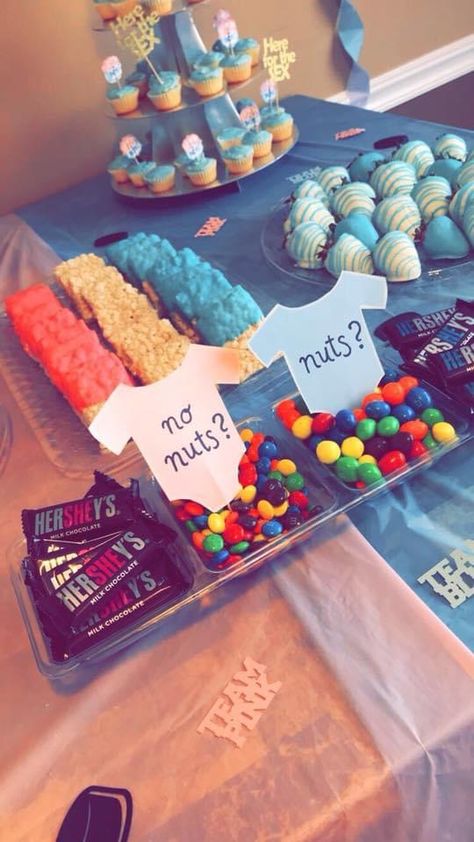 Gender Reveal Party Snacks Cute Ideas, Gender Reveal Ideas Food Table, Gender Reveal Snack Table Ideas, S’mores Themed Gender Reveal, Gender Reveal Ideas Brunch, Finger Food Ideas For Gender Reveal Party, Gender Reveal Sweet Treats, Gender Reveal Menu Food, Halloween Gender Reveal Snacks