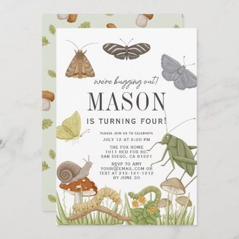 $2.82 | Bugs & Insects Mushroom Boy Birthday | Birthday Invitations | bug, insect, critter, butterfly, worm, larva, boy, birthday, grasshopper, mushroom Insects Birthday Party, 1 Year Birthday, Leo Birthday, Garden Party Birthday, Garden Birthday, Boy Birthday Invitations, Birthday Party Planning, Bugs And Insects, Boy Birthday Party