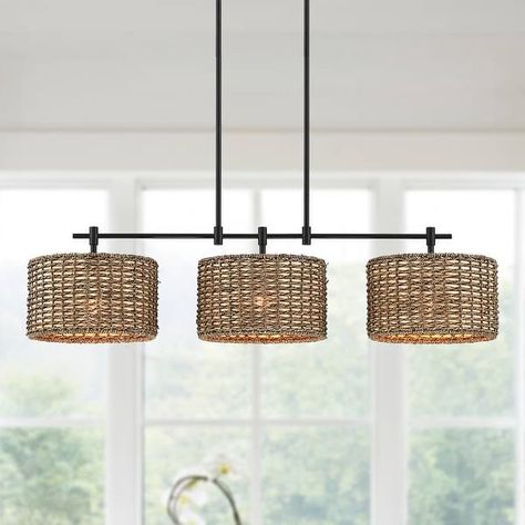 Hanging Bar Lights Kitchens, Kitchen Pendant Lights Not Over Island, Dining Table Lighting Rustic, Rattan Lights Over Kitchen Island, Basket Dining Room Light, Farmhouse Linear Chandelier, Wicker Dining Room Light, Light Fixture Above Dining Table, Modern Farmhouse Dining Room Lights