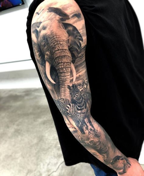 Animal Tattoos Realism, Full Animal Sleeve Tattoos, Elephant Jungle Tattoo, Mens Animal Tattoo Sleeve, Men’s Elephant Tattoo, Safari Arm Sleeve Tattoo, Safari Animals Tattoo, Safari Leg Sleeve Tattoo, Love Sleeve Tattoo