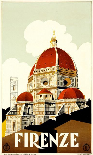 Firenze, travel poster for ENIT, 1930  Firenze. Travel poster shows Santa Maria del Fiore, the Duomo of Florence. Stab. Tipo-Lithografico del Littorio, Rome, for ENIT (Ente Nazionale Italiano per il Turismo) ca. 1930. Vintage Italian Posters, Poster Art Deco, Florence Italy Travel, Florence Travel, Italian Posters, Firenze Italy, Postal Vintage, Tourism Poster, Travel Vintage