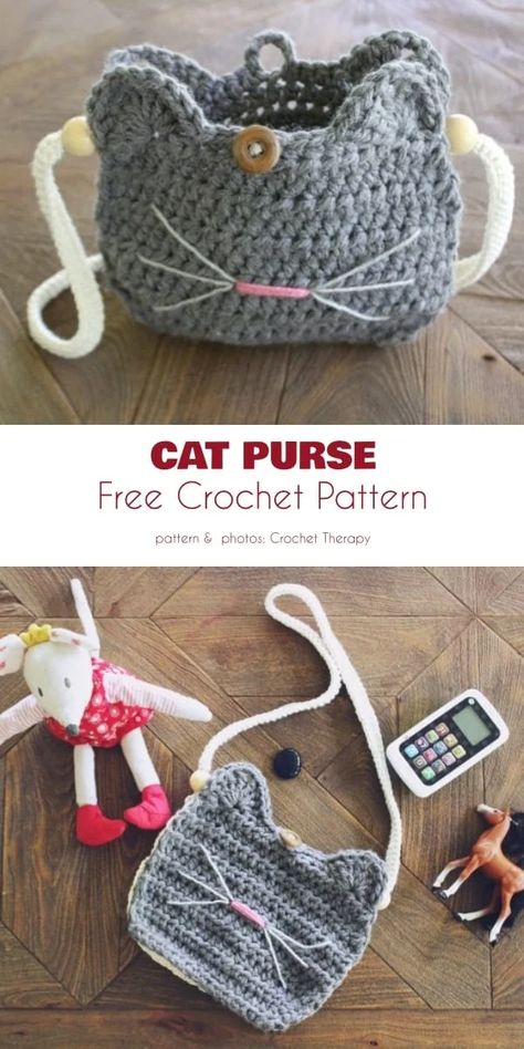 Cat Bag Pattern, Kat Haken, Purse Patterns Free, Crochet Purse Pattern Free, Crochet Shell Stitch, Cat Purse, Bags Ideas, Crochet Cat Pattern, Purse Pattern