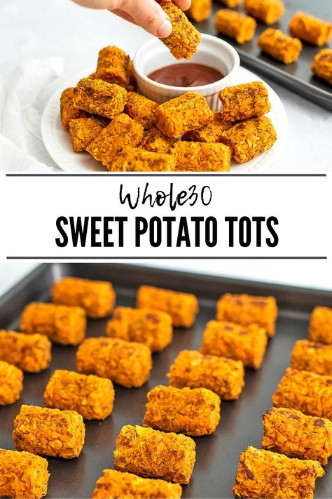 Photo on top is a hand dunking a sweet potato tot into ketchup. The photo on the bottom is a baking dish filled with sweet potato tots. Sweet Potato Tots Air Fryer, Paleo Tater Tots, Yam Recipes Healthy, Sweet Potato Toddler Recipes, Whole 30 Sweet Potato Recipes, Healthy Tots, Yams Recipe Healthy, Sweet Potato Tots Recipe, Sweet Potato Balls Recipe