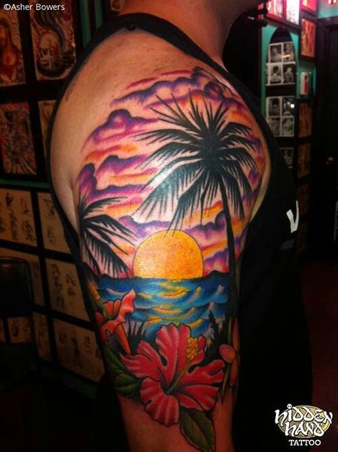 Half Sleeve Tattoo Template, Tree Sleeve Tattoo, Tree Tattoo Men, Sunset Tattoo, Name Tattoos On Wrist, Cool Half Sleeve Tattoos, Sunset Tattoos, Full Sleeve Tattoo Design, Hawaiian Sunset