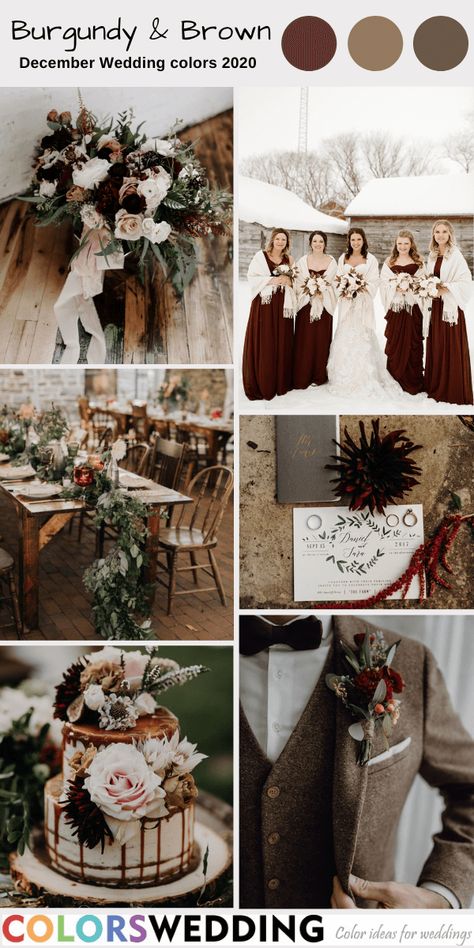 Burgundy And Brown Wedding Theme, Brown And Burgundy Wedding, Brown Winter Wedding, Burgundy And Brown Wedding, December Wedding Ideas Color Combos, Cabernet Wedding Colors, December Wedding Colors, Brown Wedding Themes, Ikea Wedding