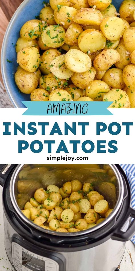 Instant Pot Potatoes are so easy to make, and are the perfect fast side dish for so many dinners. My family is obsessed with this easy garlic potato recipe. Instant Pot Baby Potatoes, Instant Pot Potatoes, Pressure Cooker Potatoes, Baby Potato Recipes, Instant Potatoes, Thanksgiving Side, Potato Recipe, Easy Instant Pot Recipes, Potato Side Dishes