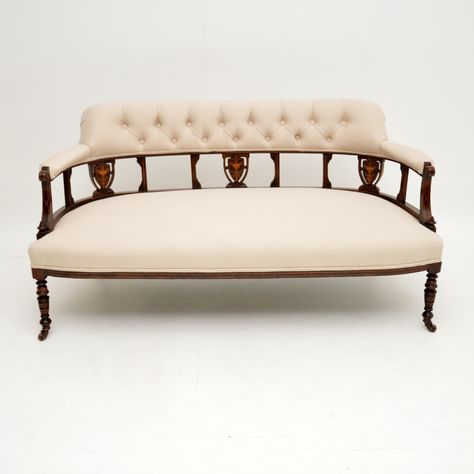 Antique Victorian Inlaid Rosewood Settee | Vinterior Reception Room Ideas, Victorian Settee, Antique Settee, Victorian Sofa, Mahogany Bookcase, Couches For Sale, Antique Furniture For Sale, Striped Upholstery, Leather Chesterfield