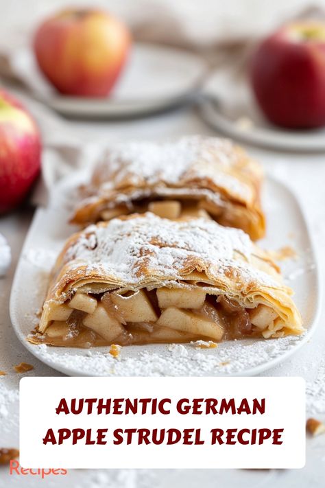 A classic German Apple Strudel with a flaky crust and spiced apple filling, perfect for holidays and special occasions. Make it with this simple recipe! German Apple Strudel Recipe Phyllo Dough, Homemade Apple Strudel Recipe, German Strudel Recipes, Apple Strudel Recipe Phyllo Dough, Authentic Apple Strudel Recipe, Apple Strudel Recipe Puff Pastry, Mini Apple Strudel Recipe, Strudel Recipes Germany, Apple Strudel Recipe From Scratch