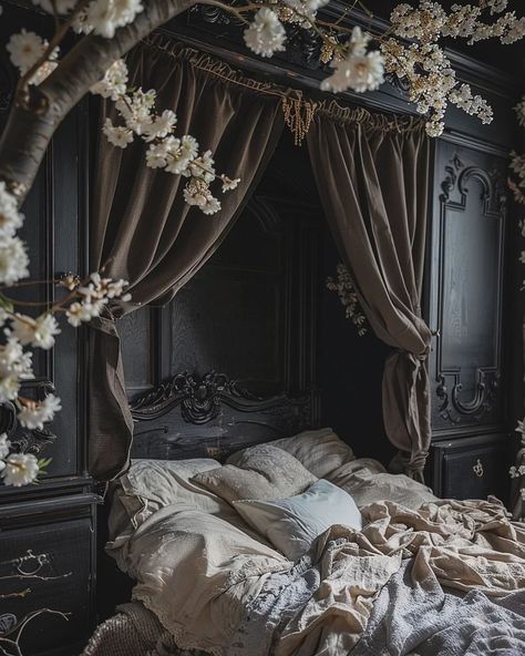 Ben Myhre | Tour through a Gothic Mansion 🏡🏔🌲🍂☁️ . . Conjured from imagination using a blend of Midjourney AI, Photoshop and Topaz 🧙‍♂️🪄 . . Please be… | Instagram Dark Bridgerton Aesthetic, Dark Academia Bed, Dark Cottagecore Bedroom, Architecture Gothic, Feminine Era, Cottagecore Bedroom, Gothic Mansion, Boho Witch, Dollhouse Bedroom