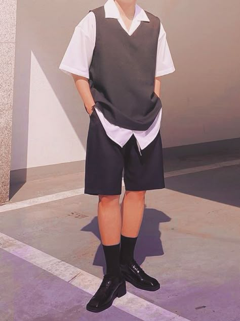 Summer Boy Outfits Aesthetic, Black And White Clothing, Goth Shorts, White Clothing, Mens Casual Dress Outfits, Mens Outfit Inspiration, Tomboy Style Outfits, Mens Casual Dress, Swaggy Outfits