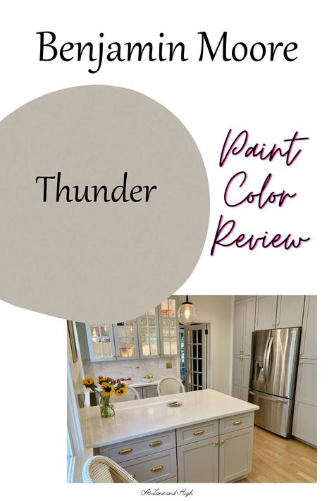 Benjamin Moore Thunder is a beautiful greige paint color that is underused in homes today. It's a gorgeous neutral greige and I have all the details here with gorgeous photos of the color used in real homes! Thunder Benjamin Moore Kitchen Cabinets, Thunder Paint Color Benjamin Moore, Griege Paint Bathroom, Best Benjamin Moore Greige, Greige Furniture Paint, Thunder Paint Benjamin Moore, Griege Paint Kitchen, Benjamin Moore Thunder Cabinets, Bm Thunder Paint