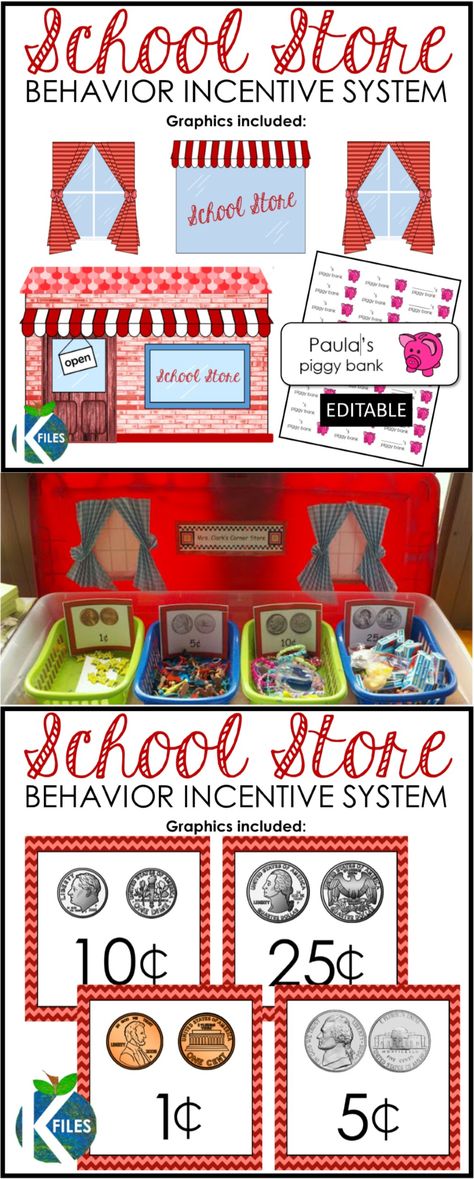 School Store Behavior Incentive System using play coins and student piggy banks.  Students learn the value of coins in addition to a classroom behavior management system. Value Of Coins, Classroom Behavior Management System, Pta Mom, Classroom Money, Reward System For Kids, Classroom Store, Class Store, Classroom Economy, Behavior Management System