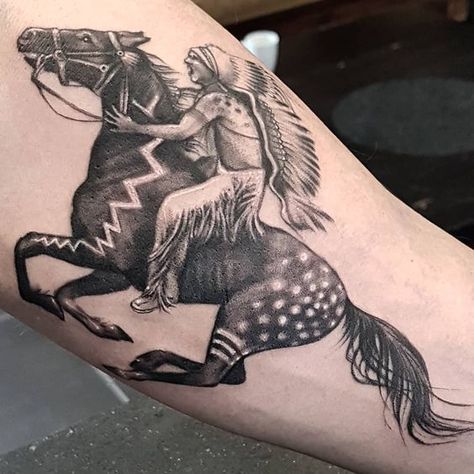 Native American On Horse Tattoo, Indian And Horse Tattoo, Western Shootout Tattoo, Native Horse Tattoo, Cowboy On Horse Tattoo, Native American Horse Tattoo, Horse Tattoo For Men, American Indian Tattoo, Indian Horse Tattoo