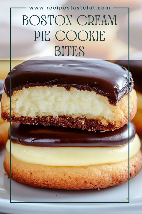 A delicious and bite-sized treat that combines the classic flavors of Boston cream pie in a fun cookie form. Perfect for parties or a sweet snack! Boston Cream Pie Cookie Bites, Cookie Bites, Bite Size Cookies, Boston Cream Pie, Cookie Business, Bite Size Desserts, Boston Cream, Valentine Desserts, Vegetarian Cake