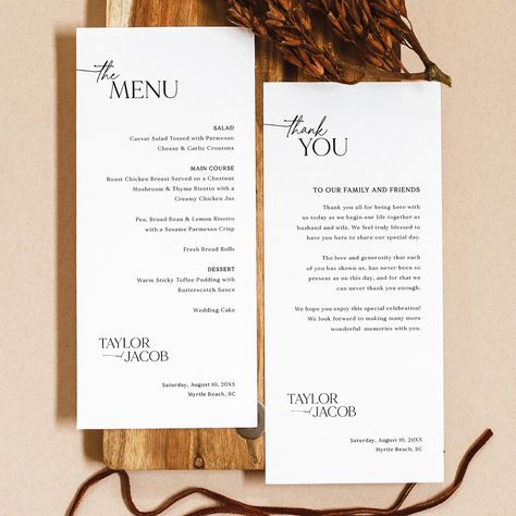 Wedding Menu & Thank You Card Template, Modern Classic, 4x9, DIY Menu Card, Editable, DIY Modern Thank You Card, Templett INSTANT Download Wedding Menu And Thank You, Diy Dinner Menu Cards, Menu Card Ideas, Diy Menu Cards, Diy Menu, Thank You Template, 2025 Wedding, Modern Monogram, Wedding Menu Cards