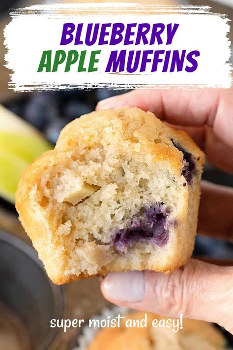 These bakery-style muffins are sweet, moist, and very easy to make. They will rise and bake to a golden brown, with bursting blueberries and apple pieces throughout. They are ready in 45 minutes and freeze wonderfully. Apple Blueberry Muffins, Apple Blueberry, Bakery Style Muffins, Apple Muffins, Homemade Muffins, Easy Blueberry, Blueberry Cake, Blueberry Muffins, Home Baking