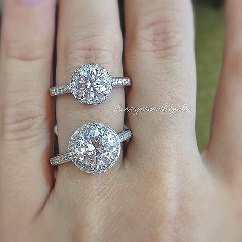 Diamond Size guide: 1 carat halo vs 2 carat halo engagement ring Round Brilliant Engagement Ring, 2 Carat Engagement Ring, Cheap Engagement Rings, Cute Engagement Rings, Wedding Rings Halo, Halo Engagement Rings, Elegant Ring, Fine Rings, Lovely Jewellery