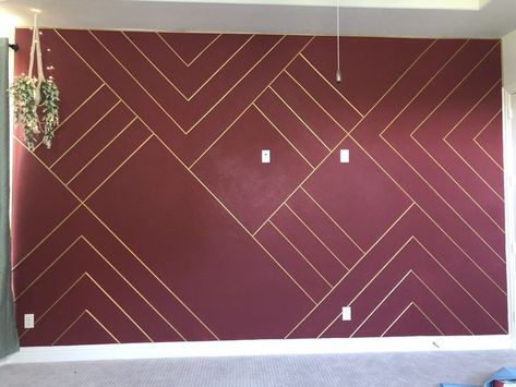 Stripped Wall Paint, Wall Panels Ideas, Dark Blue Bedroom Walls, Wall Paint Colour Combination, Gold Painted Walls, Maroon Walls, Gold Wall Decals, Gold Accent Wall, Boy Room Paint