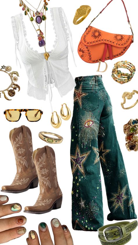 Bohemian Going Out Outfit, Fire Sign Aesthetic Outfits, Grateful Dead Outfit Ideas Concert, Girly Indie Outfits, Boho Outfit Board, Squash Blossom Necklace Outfit How To Wear A, Clothes Flatlay Ideas For Selling, Pheonix Outfit Ideas, Witchy Cottagecore Outfit