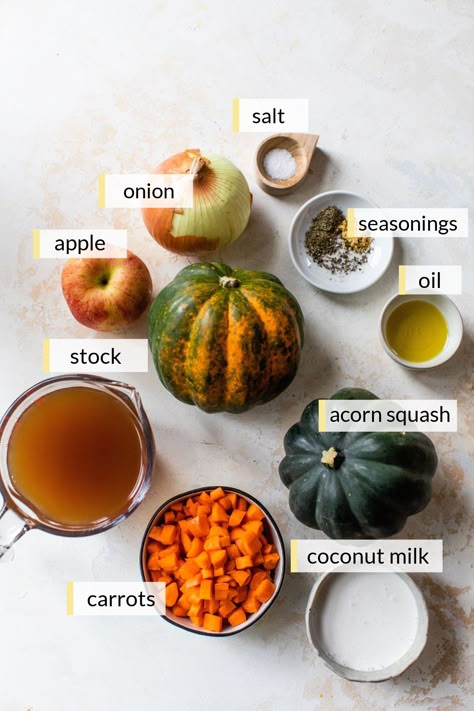 Roasted Acorn Squash Soup with Coconut Milk Squash Coconut Milk Soup, Roasted Butternut And Acorn Squash Soup, Kale Squash Soup, Acorn Squash Stew, Butternut Squash And Corn Soup, Squash And Potato Soup, Vegan Acorn Squash Soup, Winter Squash Soup Recipe, Kobucha Squash Soup