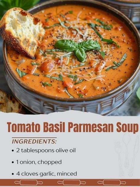 WORLDS BEST TASTY RECIPES | Tomato Basil Parmesan Soup | Facebook Tomato Basil Parmesan Soup, Basil Soup Recipe, Tomato Basil Soup Recipe, Parmesan Soup, Soup Ingredients, Tomato Basil Soup, Easy Soup, Easy Soups, Easy Soup Recipes