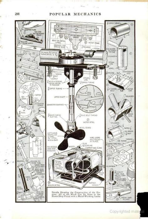 Popular Mechanics Plans, Vintage Popular Mechanics, Popular Mechanics Diy, Mechanic Engineering, Steam Engine Model, Boat Propellers, Engineering Tools, Conceptual Architecture, Diy Boat