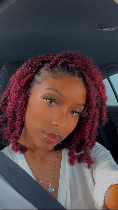 Red Curls Black Women, Red 4c Hair Black Women, Black Girls With Red Hair Dyed, Red Hair Mixed Girl, Bright Red Natural Hair Black Women, Bob Locs, Locs Bob, Distressed Faux Locs, Butterfly Locs Crochet Hair