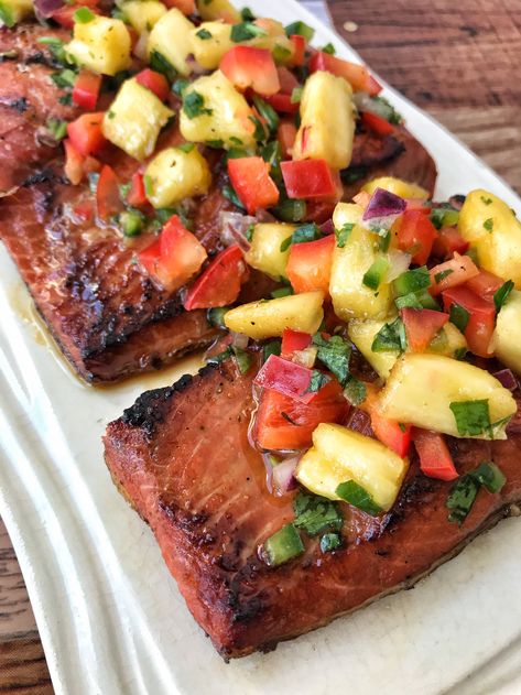 Salmon Recipes Pineapple, Pineapple Salsa Salmon, Salmon With Pineapple Recipes, Salmon And Pineapple Recipes, Pineapple Salsa For Fish, Rosemary Ranch Chicken, Ranch Chicken Kabobs, Salmon With Pineapple Salsa, Salmon Pineapple