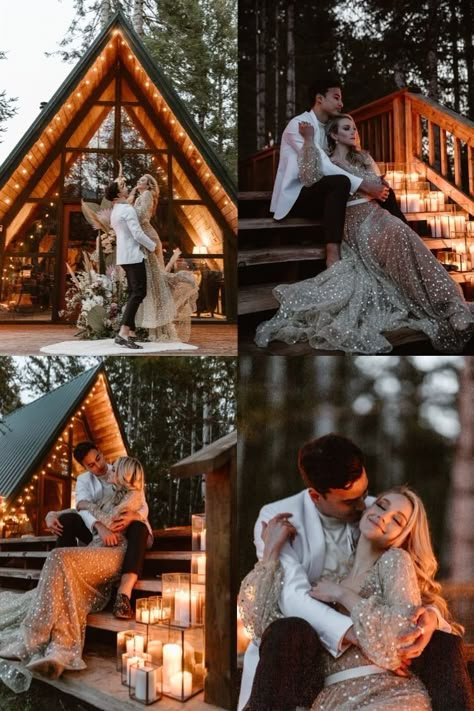 Boho Winter Elopement, Cabin Elopement Decor, Cabin Prenup Shoot, A Frame Couple Photoshoot, A Frame Cabin Wedding, Wedding By A River, A Frame Cabin Elopement, A Frame Photoshoot, A Frame Elopement