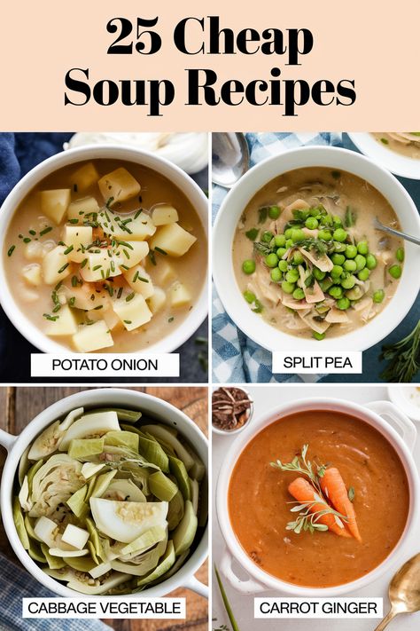 Craving a delicious soup without breaking the bank?  These 25 cheap soup recipes on a budget are perfect for any occasion.  Discover budget-friendly options featuring inexpensive ingredients like beans, lentils, and frozen vegetables.  These cheap soup recipes are packed with flavor and perfect for stretching your dollar.  Enjoy delicious and satisfying soups without sacrificing your budget! Cheap Soup Recipes, Cheap Soup, Dinner Soups, Cabbage Vegetable, Recipes On A Budget, Chili Ingredients, Tomato Bisque, Potato Onion, Easy One Pot Meals