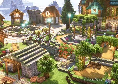 Minecraft Compound Ideas, Panda Home Minecraft, Minecraft World Inspiration, Small Town Minecraft, Cute Minecraft Town, Minecraft One Block Sky Block Ideas, Minecraft Aesthetic Village, Minecraft Build Aesthetic, Cute Minecraft Build Ideas