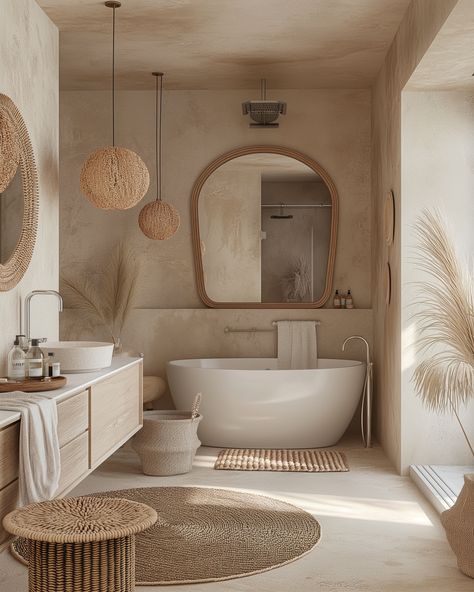 Want to add a touch of vacation vibes to your bathroom? Look no further than pampas grass! 🛀🏝️ Its fluffy, beachy appearance will transport you straight to the Mediterranean coast.  #pampasgrass #Mediterraneanbathroom #beachyvibes White Mediterranean Bathroom, Mederteranian Bathroom, Meditterean Bathroom, Boho Bathroom Tile, Bali Style Bathroom, Large Pampas Grass Decor, Beachy Interior Design, Ibiza Bathroom, Modern Mediterranean Bathroom