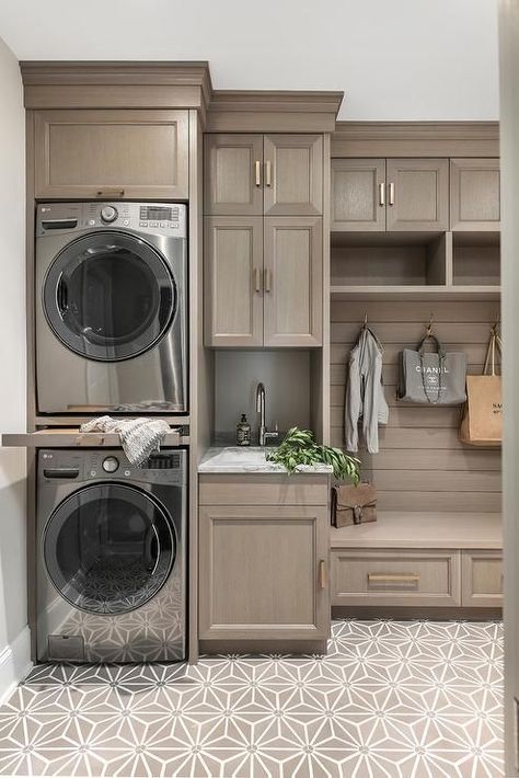 Transitional Laundry Room, Stacked Laundry Room, Laundry Room Storage Shelves, Small Laundry Room Organization, Room Storage Diy, Stylish Laundry Room, Mudroom Laundry Room, Laundry Room Layouts, Laundry Room Renovation