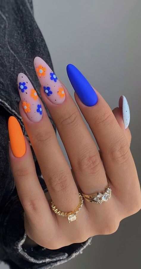 summer nails, electric blue nails, neon nails, neon nail designs, summer nails colors, bright nails, vibrant nails Summer Nails Electric, Orange And Blue Nails, Bright Gel Nails, Rockabilly Nails, Bright Blue Nails, Almond Nails Designs Summer, Orange Nail Art, Nails Neon, Orange Nail Designs