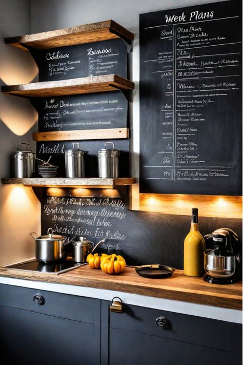 A kitchen with a variety of hanging planters and greenery decorating the walls. Kitchen Wall Chalkboard Ideas, Extra Kitchen Wall Space Ideas, Kitchen Hanging Shelves, Black Wall Kitchen, Kitchen Chalkboard Ideas, Chalkboard Backsplash, Feature Wall Kitchen, Kitchen Chalkboard Wall, Black Walls Kitchen