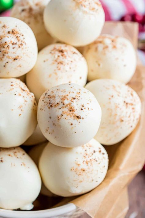 Eggnog Truffles Recipe - Shugary Sweets Rum Fudge Recipe, Eggnog Truffles, Cool Whip Candy, 3 Ingredient Fudge, Cranberry Dishes, Cranberry Gingerbread, Decorating With Fondant, Eggnog Recipe Homemade, Candy Homemade