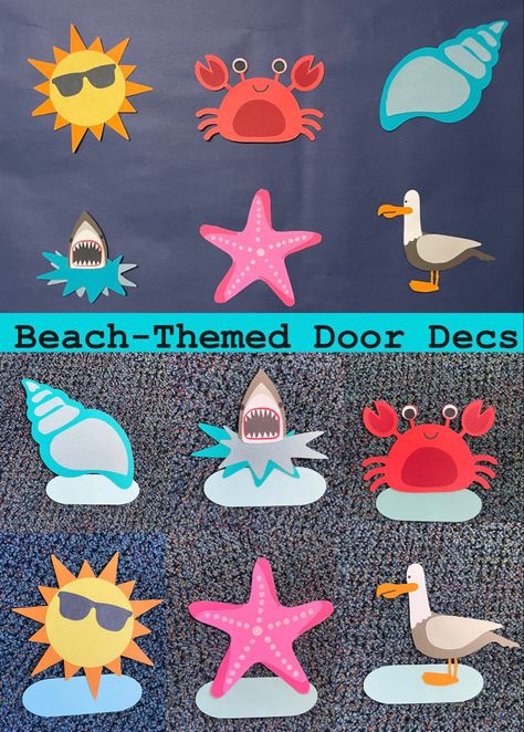 Theme Door Decorations, Beach Theme Door, Residence Life Bulletin Boards, Resident Assistant Door Decs, Res Life Door Decs, Tropical Doors, Door Decorations College, Cubby Tags, Dorm Door Decorations