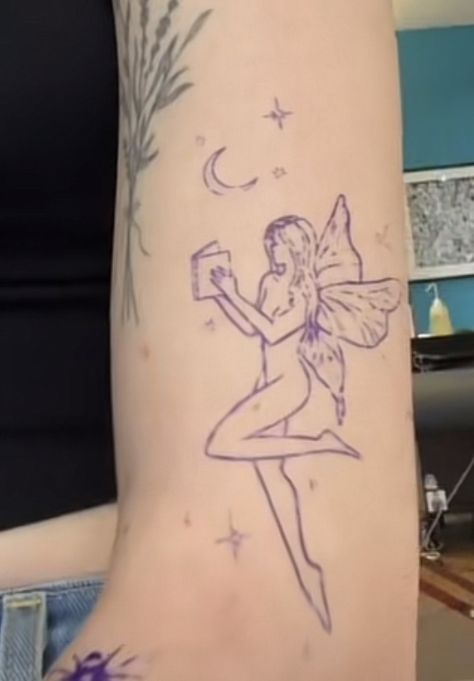 Fairy Tattoo With Curly Hair, Fairy With Books Tattoo, Reading Fairy Tattoo, Fairy Reading A Book Tattoo, Faerie Tattoo, Reading Tattoo, Character Customization, Doodle Books, Dreamy Artwork