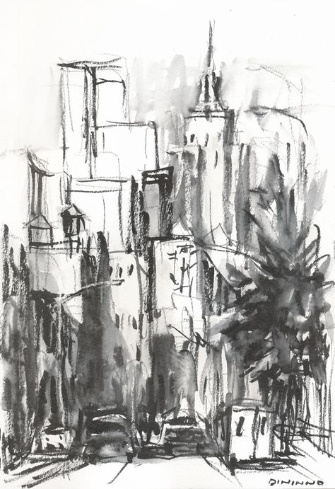 Expressive Architecture Drawing, Charcoal Urban Sketch, Charcoal Drawing Building, Ink And Charcoal Drawing, Charcoal Architecture Drawing, Charcoal Cityscape, Charcoal Drawing Abstract, Charcoal Sketchbook, Conflict Art