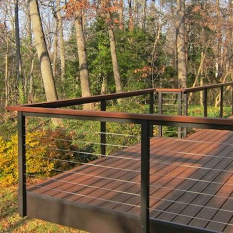 Exterior Deck Railing Ideas, Back Deck With Cable Railing, Contemporary Railings Exterior, Deck With Wire Cable, Deck Cable Railing Ideas, Modern Railing Outdoor, Exterior Railing Ideas, Modern Deck Railing Design, Cable Deck Railing Ideas