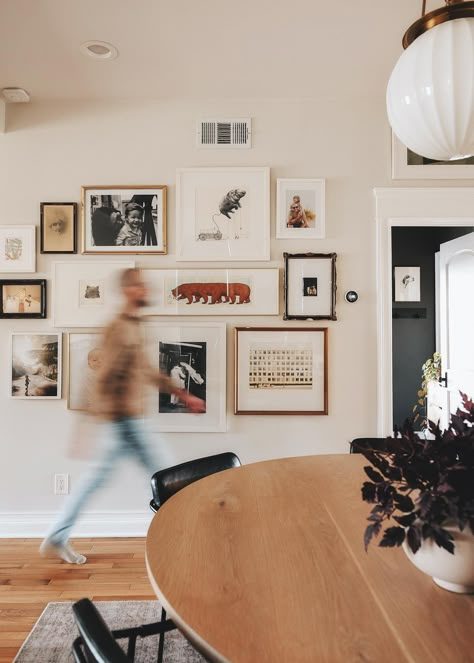 Picture Frame Wall Dining Room, Framed School Pictures On Wall, Wall Art With Photos, Imperfect Gallery Wall, Hallway Decorating Photos Wall Ideas, Gallery Wall With Paintings And Photos, Big Frame Gallery Wall, Mirror And Photo Gallery Wall, Mid Century Modern Family Photo Wall